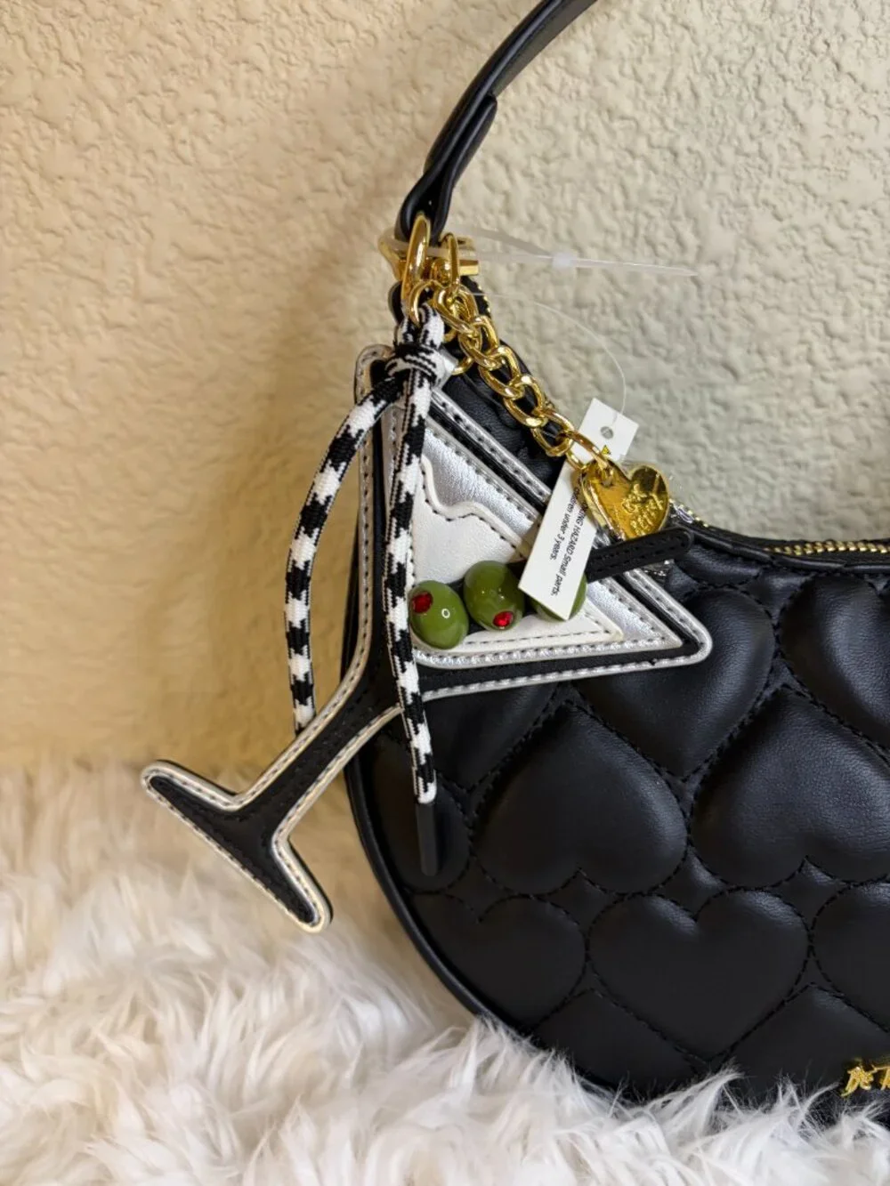 Betsey Johnson Black Heart Quilted Hobo Bag Martini Olive Charm NWT